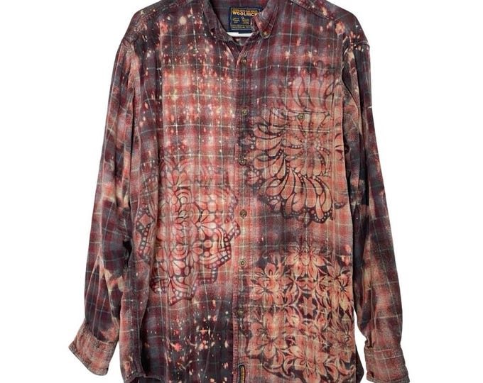 Woolrich Floral Flannel Shirt Mens Size Large XL Bleached Plaid Button Down Red