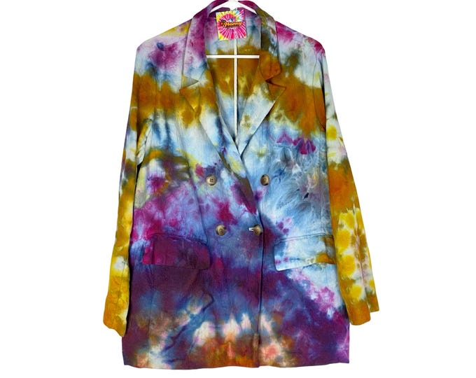 Handmade Ice Tie Dye Blazer Jacket Womens XXL Colorful Upcycled Double Breasted Wearable Art Free Shipping
