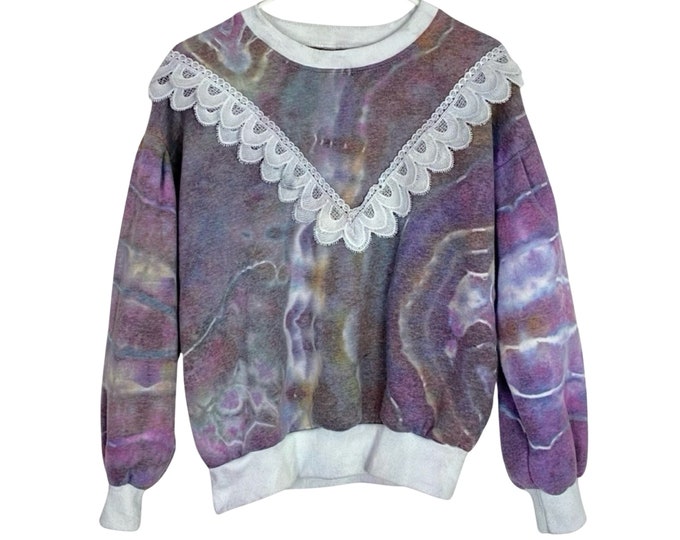 Handmade Cottagecore Geode Tie Dye Sweatshirt Pullover Womens Medium Purple Lace Trim Granny Core Top Free Shipping