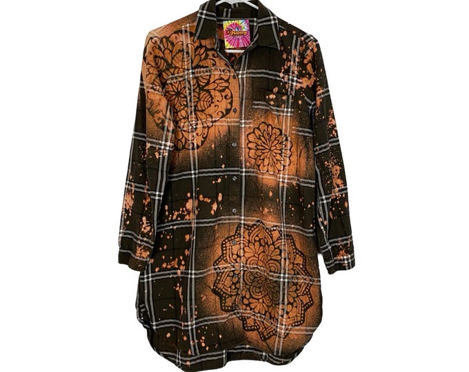 Handmade Flannel Dress Womens Small Boho Stencil Bleached Plaid Mandala Floral Tunic Green Free Shipping
