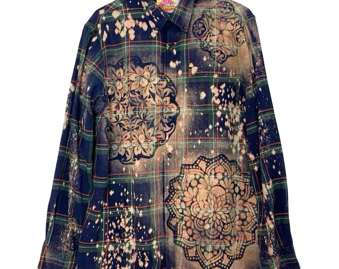 Handmade Floral Flannel Shirt Mens Size Large Bleached Plaid Button Down Upcycle