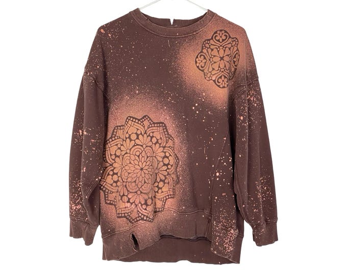 Handmade Floral Stencil Sweatshirt Pullover Womens Small Upcycled Oversized Crew