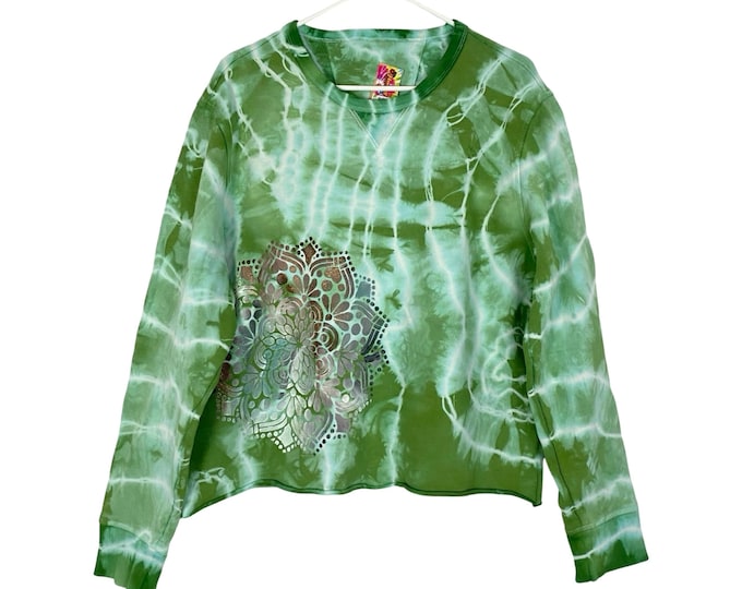 Handmade Tie Dye Sweatshirt Pullover Womens XL Green Hand Painted Floral Mandala Free Shipping