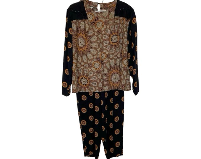 Vintage 80s 90s Outfit Shirt Pants Set Womens Plus Size 1X Black Gold Print Free Shipping