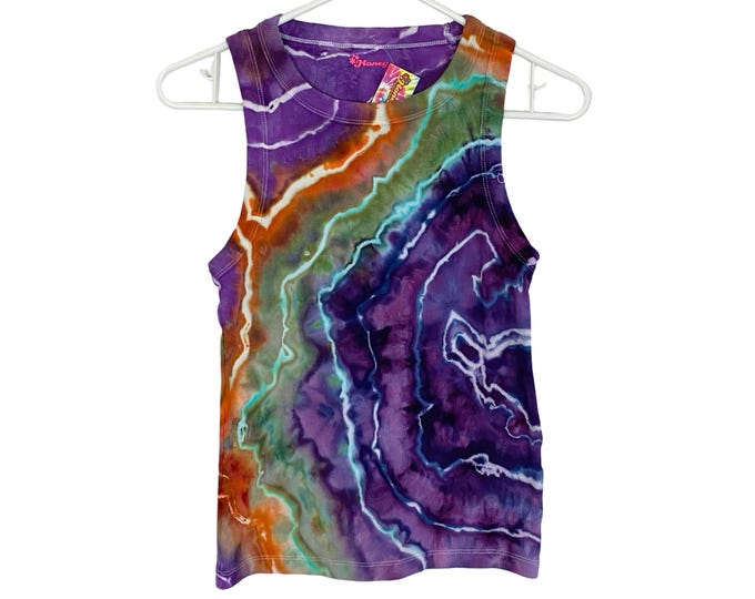 Handmade Geode Tie Dye Ribbed Tank Top Womens Size Medium Purple Colorful Upcycled Wearble Art One Of A Kind Stretch Cotton Free Shipping