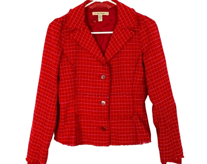 Vintage Free People Blazer Womens 2 XS Red Plaid Cotton FP Jacket 90s Y2K Free Shipping