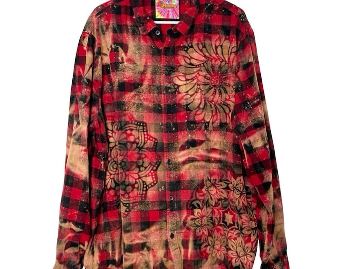 Handmade Floral Flannel Shirt Mens Size XXL Unisex 2X Bleached Plaid Button Down