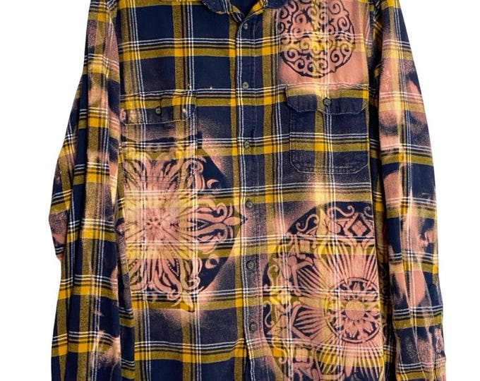 Reworked Custom Floral Flannel Bleached Shirt Mens Unisex Size XL Upcycled Blue OOAK