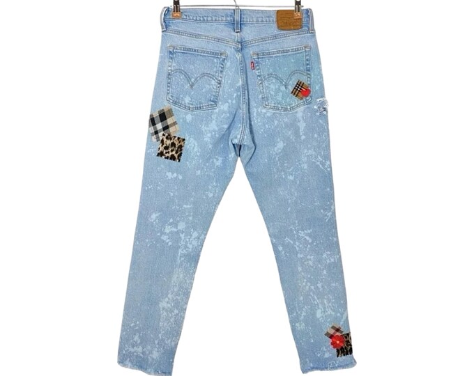 Levis Wedgie Straight Jeans Denim Reworked Custom Waist 28 Womens 6 Patchwork Upcycled One Of A Kind Free Shipping