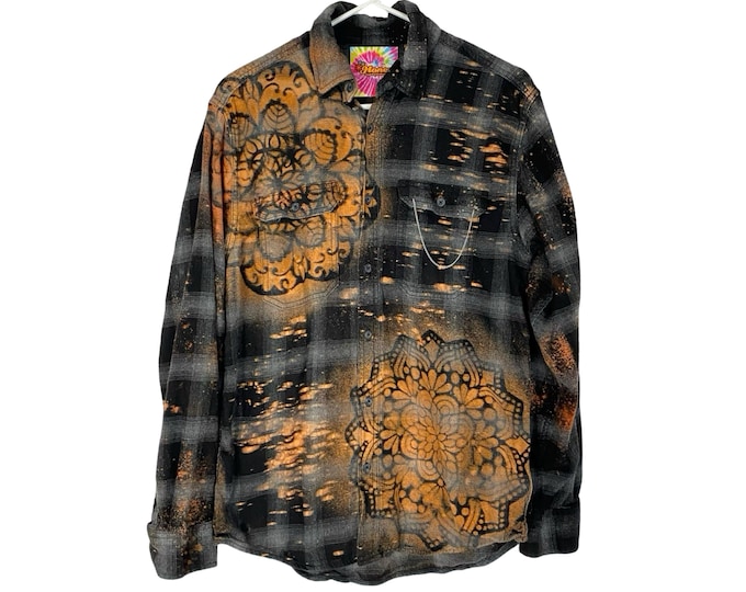 Boho Flannel Shirt Womens Size Medium Unisex Handmade Mandala Floral Stencil Plaid Black Farmhouse One Of A Kind Wearable Art Free Shipping