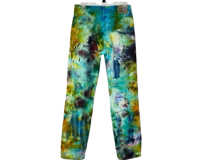 Levis Low Pro Straight Jeans Custom Tie Dye Womens Waist 26 XS Distressed Green Blue Gold Upcycled Levi's Handmade Ice Tie Dye Free Shipping
