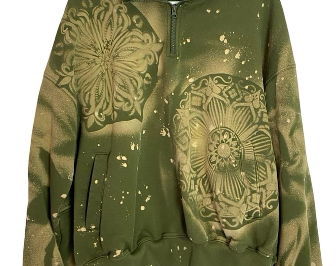 Custom 1/4 Zip Sweatshirt Pullover OOAK Womens Size Large Pockets Army Green