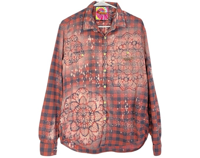 Handmade Boho Flannel Shirt Womens Medium Large Stencil Bleached Pink Upcycled Free Shipping