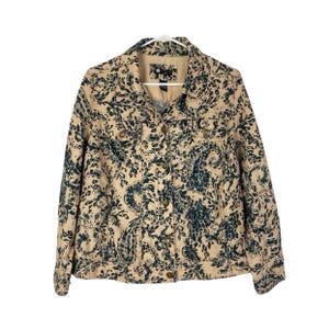 Vintage 90s Y2K Linen Jacket Womens Plus Size 1X Cream Blue Paisley Print Free Shipping