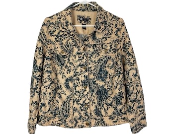 Vintage 90s Y2K Linen Jacket Womens Plus Size 1X Cream Blue Paisley Print Free Shipping