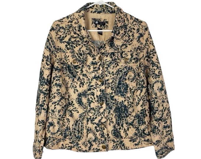 Vintage 90s Y2K Linen Jacket Womens Plus Size 1X Cream Blue Paisley Print Free Shipping