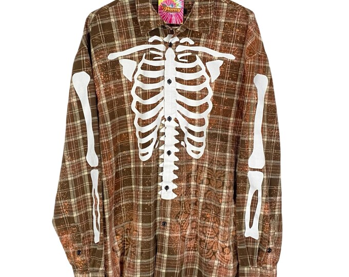 Upcycled Skeleton Flannel Shirt Mens Large Unisex Splatter Bleached Brown Plaid Free Shipping