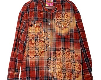 Handmade Floral Flannel Shirt Mens Size Large Unisex Bleached Plaid Button Down
