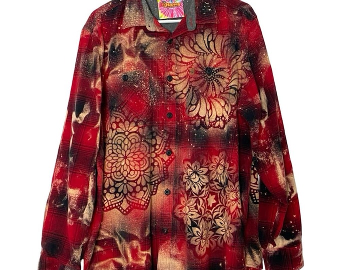 Handmade Floral Flannel Shirt Mens Size XL Unisex Red Bleached Plaid Button Down