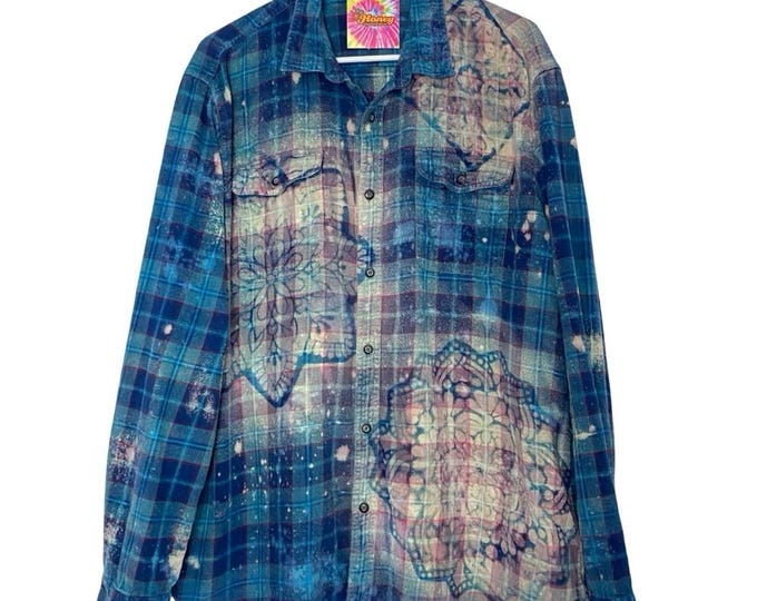 Boho Flannel Shirt Mens Size XXL Unisex Blue Floral Stencil Bleached Plaid