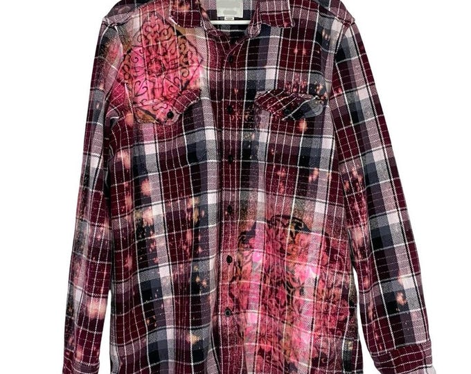 Upcycled Flannel Shirt Mens Size Large XL Unisex Splatter Bleach Floral Shacket Free Shipping