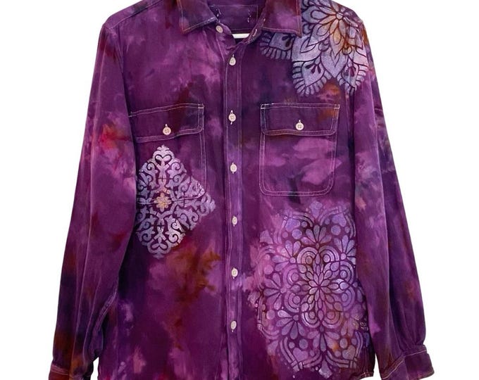 Handmade Floral Flannel Shirt Unisex Size Medium Purple Tie Dye Plaid Button Down Top Stencil Design
