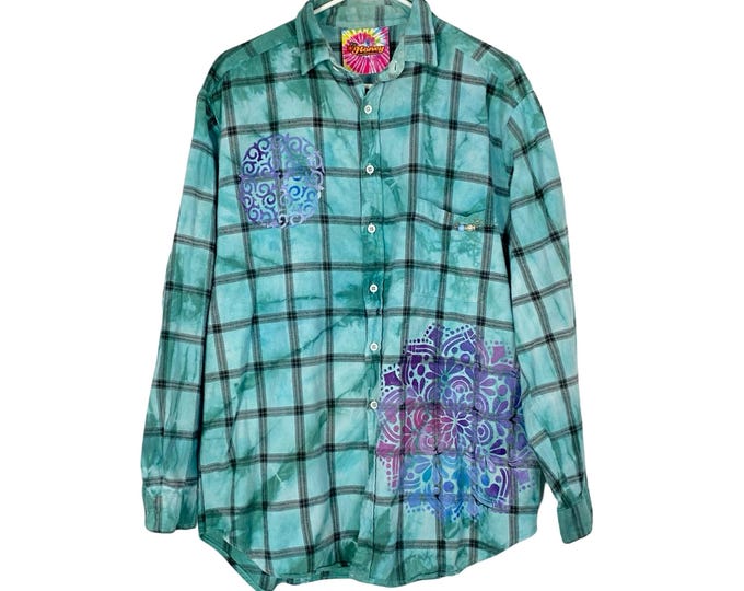 Boho Flannel Shirt Womens XL Floral Mandala Stencil Plaid Tie Dye Upcycled Blue Hand Painted Wearable Art One Of A Kind Free Shipping