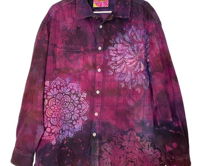Upcycled Tie Dye Flannel Shirt Mens Size XL Large Pink Tie Dye Plaid Button Down