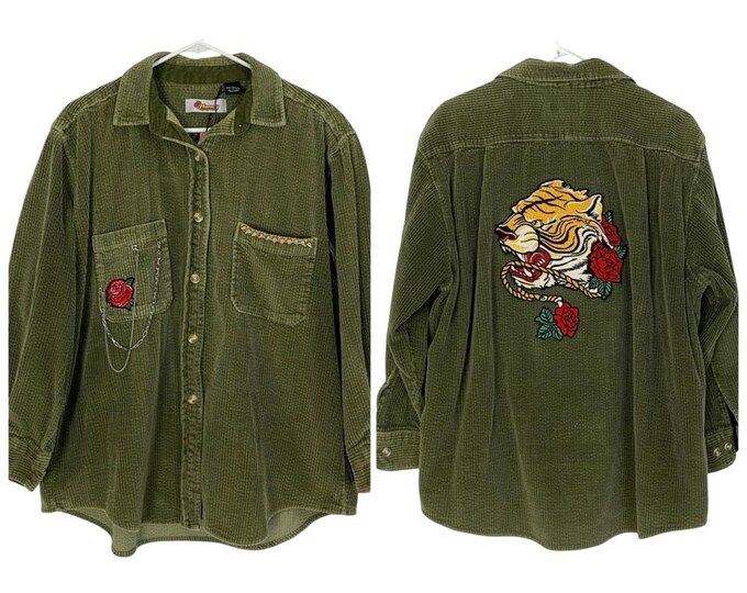 Upcycled Vintage 90s Corduroy Grunge Shirt Jacket Shacket Womens Size Large Embroidered Tiger Roses Chains Spikes Art Cotton Free Shipping