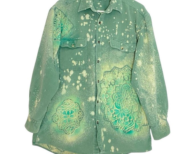 Handmade Floral Corduroy Shirt Mens Size Large Unisex Bleached Button Down Green
