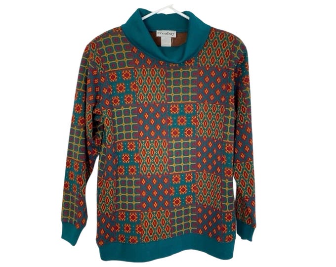 Vintage 90s Granny Sweater Tunic Patchwork Design Oversize Size Small Womens Free Shipping