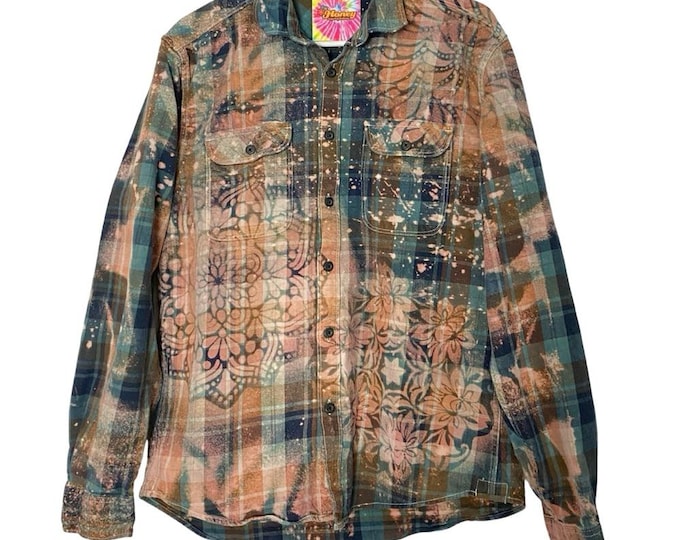 Handmade Floral Flannel Shirt Mens Size Large Unisex Bleached Plaid Button Down