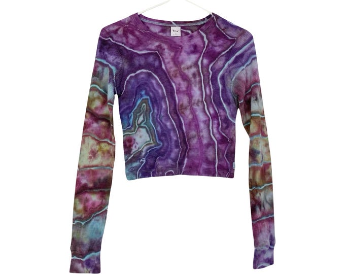 Geode Tie Dye Thermal Shirt Womens Size Medium Pullover Crop Top Tee Purple Pink Free Shipping