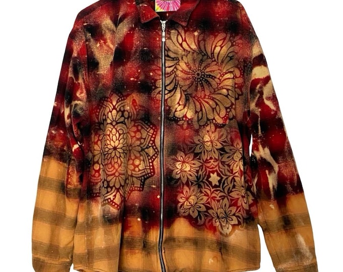 Handmade Floral Flannel Shirt Mens Size Large Unisex Shacket Zip Up Bleached