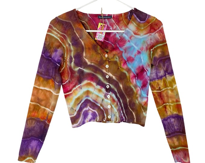 Handmade Geode Tie Dye Cardigan Sweater Womens Small XS Colorful Brown Pink Blue Rainbow Cotton Stretch Ribbed Upcycled Boho Free Shipping