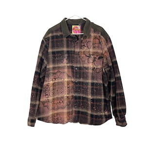 Handmade Floral Flannel Shirt Shacket Womens Plus XXL Bleached Plaid Button Down Free Shipping