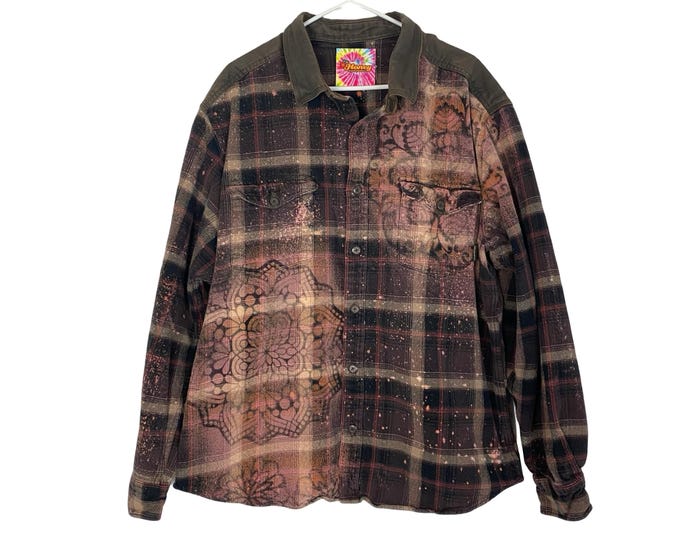 Handmade Floral Flannel Shirt Shacket Womens Plus XXL Bleached Plaid Button Down Free Shipping