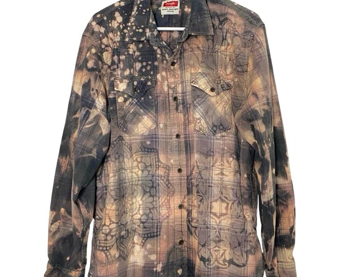 Upcycled Floral Flannel Shirt Mens Size XL Unisex Bleached Plaid Button Down