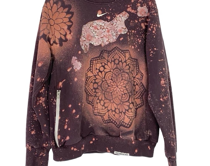 Upcycled Floral Sweatshirt Mens Size Small Unisex Pullover Handmade Crewneck Pocket