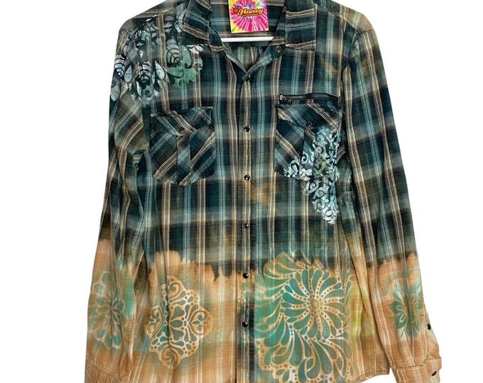 Handmade Floral Flannel Shirt Mens Size Medium Large Bleached Plaid Button Down