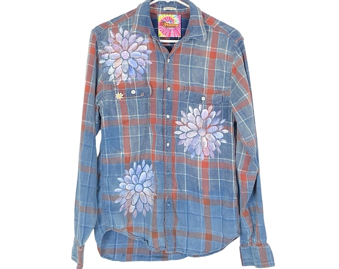 Boho Flannel Shirt Womens Size Small Farmhouse Hand Painted Daisy Flower Plaid Chambray Blue One Of A Kind Free Shipping