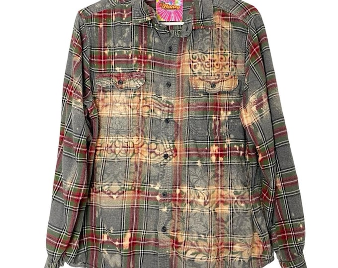 Handmade Floral Flannel Shirt Mens Size Medium Large Bleached Plaid Button Down