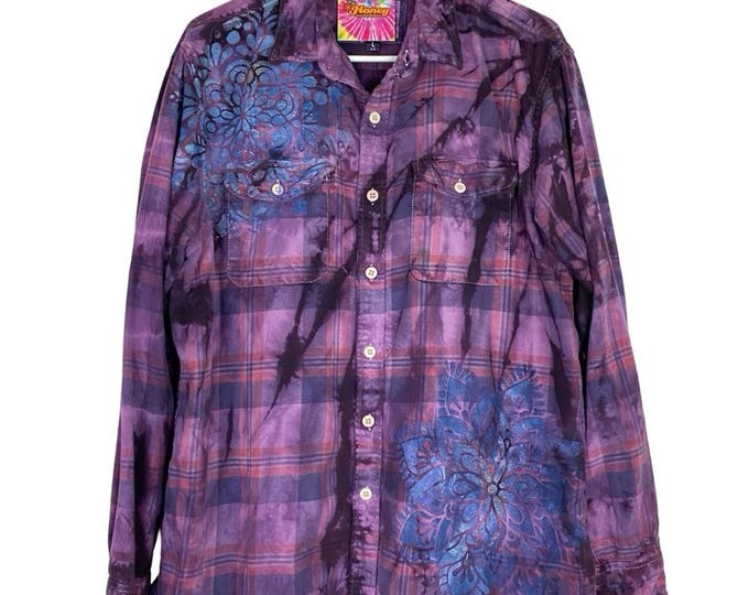 Handmade Floral Flannel Shirt Mens Size Large Unisex Tie Dye Plaid Button Down Free Shipping