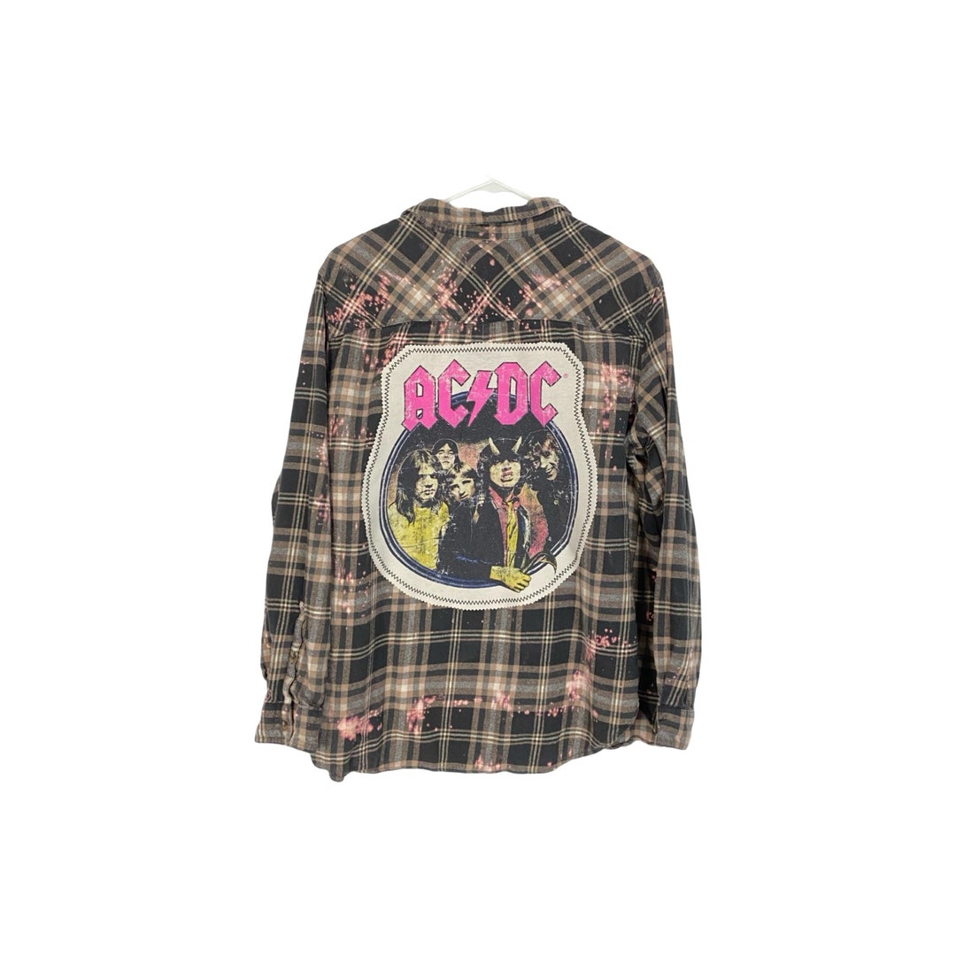 Upcycled AC/DC Band Flannel Shirt Plaid Womens XL Mens Large Handmade ...