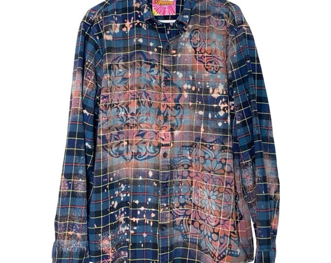 Handmade Floral Flannel Shirt Mens Size XL Large Unisex Bleached Button Down