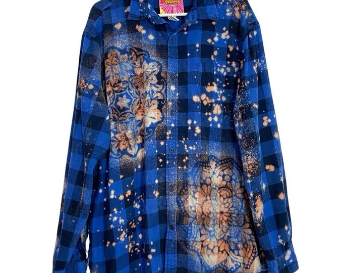 Farmhouse Flannel Shirt Size XXL Blue Buffalo Plaid Handmade Upcycled Boho Chic