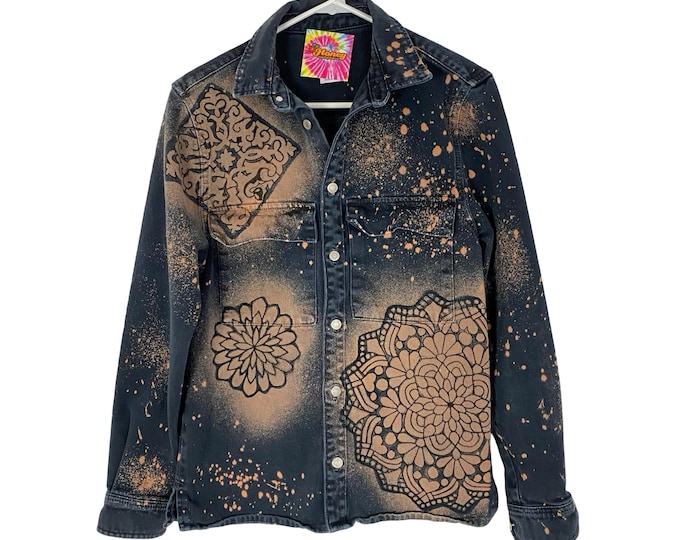 Reworked Boho Denim Jean Shirt Jacket Shacket Womens Size Small Unisex Floral Flower Mandala Navy Pockets Handmade Upcycled Free Shipping
