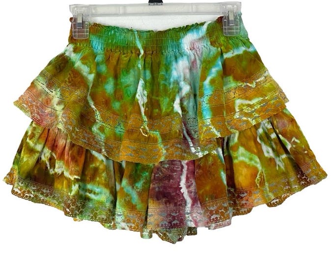 Handmade Geode Tie Dye Skirt Shorts Mini Ruffled Womens Small Lace Layered Green Upcycled One of a Kind Free Shipping