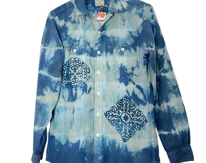 Upcycled Tie Dye Flannel Shirt Mens Size XS Plaid Button Down Handmade Blue Top Custom Made OOAK