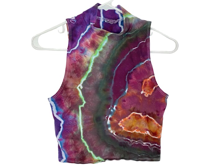 Handmade Geode Tie Dye Tank Top Womens Medium Small Mockneck Crop Purple Green Free Shipping
